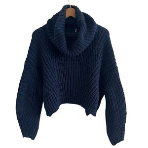 Chunky Ribbed Crop Sweater S Navy Oversized Fisherman Grunge Cabincore Granola